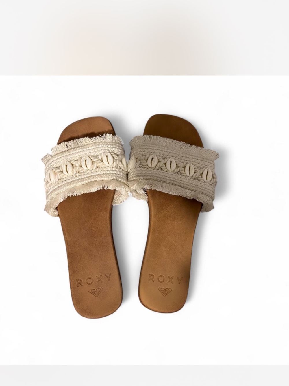 Roxy Cream Woven Fringe Slide Sandals with Shell Accent